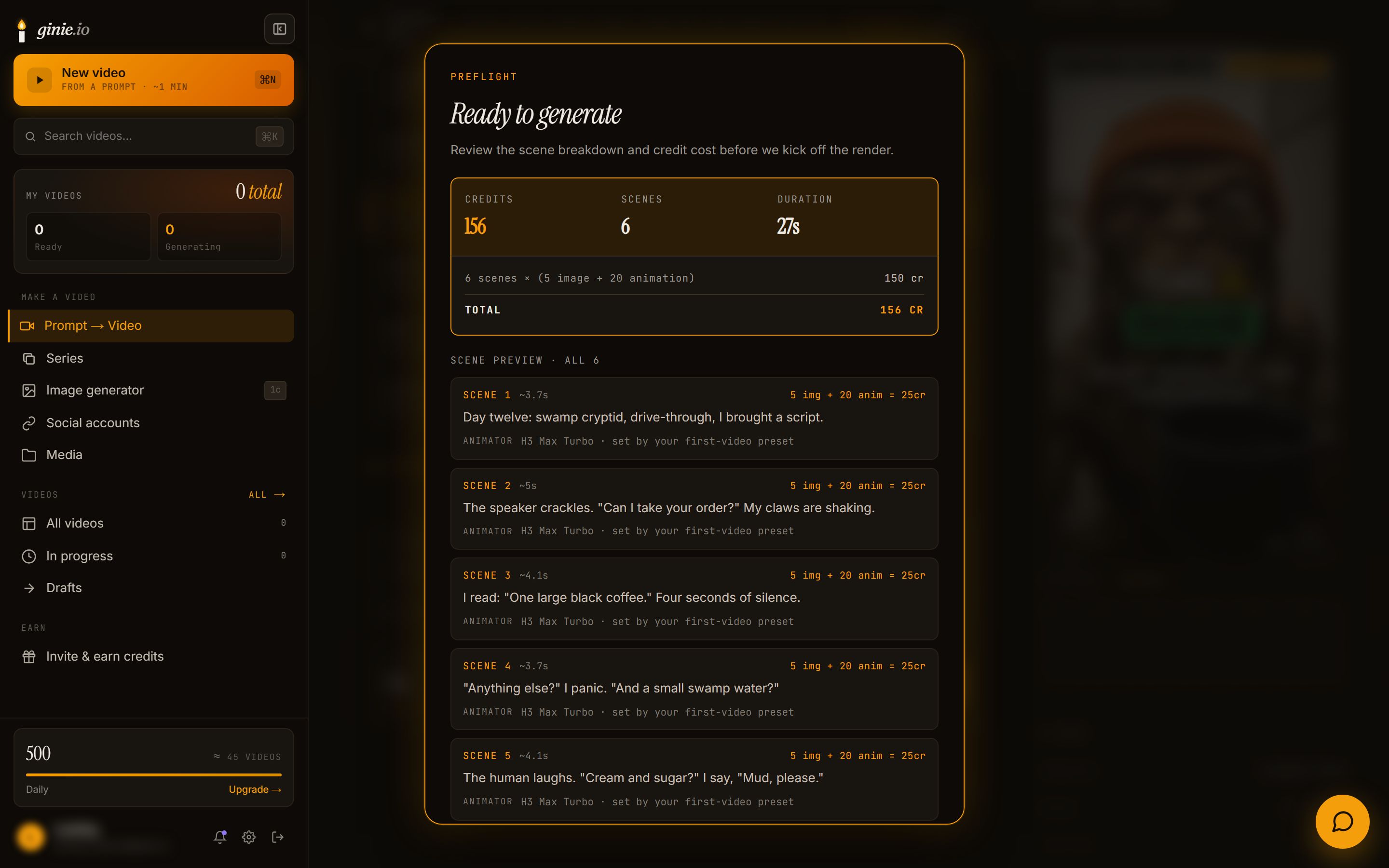 The create page's preflight receipt: credits, scenes, duration and the scene-by-scene plan before anything renders. Not confirmed; no render was started.