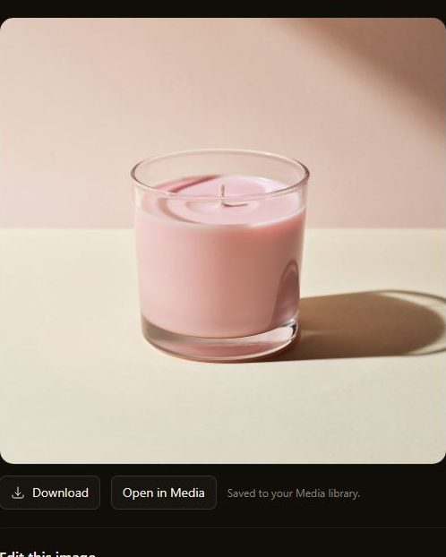 The generated product photo in the image generator with its Download and Open in Media buttons