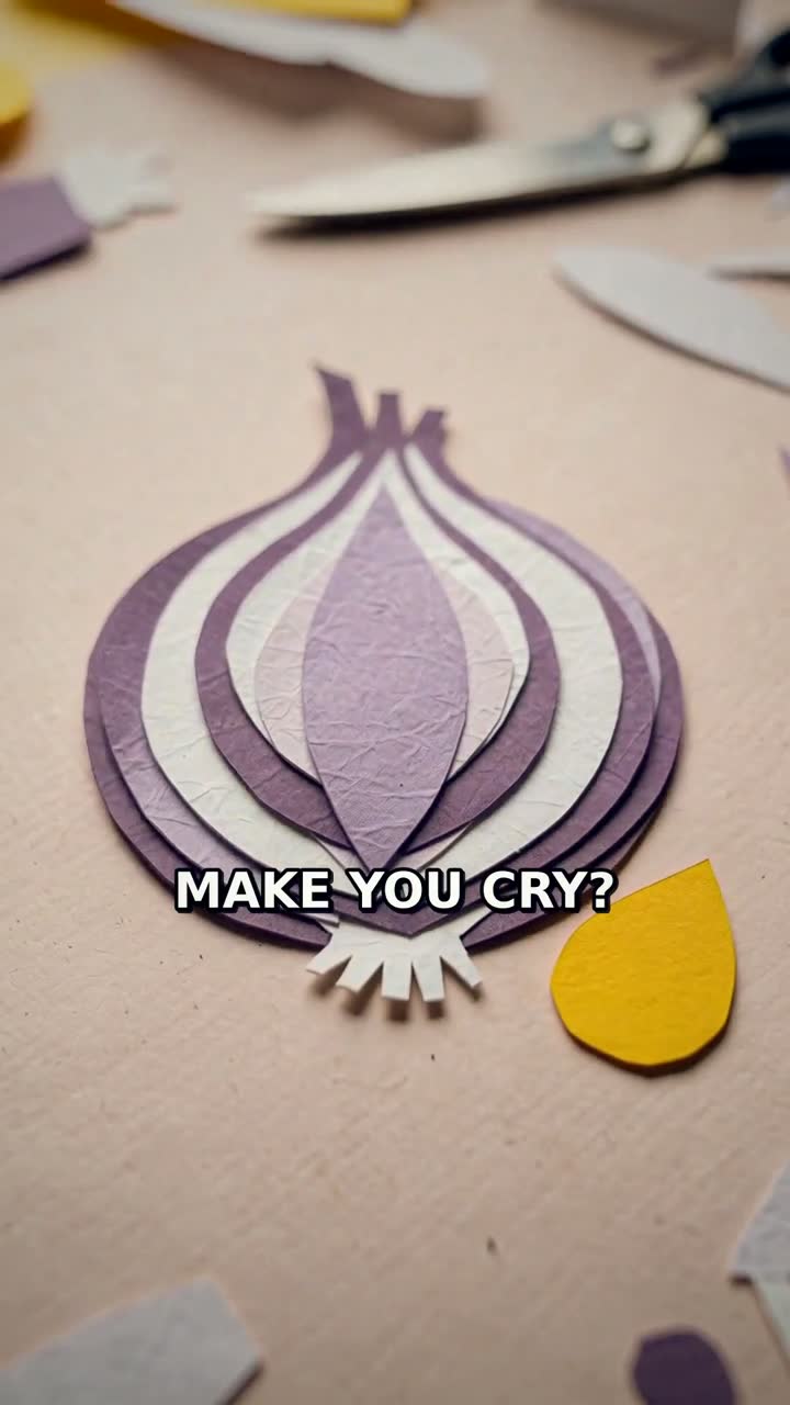 Paper Cutout Explainer: a 23-second 9:16 video Ginie rendered from the prompt "Why do onions make you cry?" - Flux 2 Pro stills animated by H3 Max Turbo, narrated by ElevenLabs, cast per story.